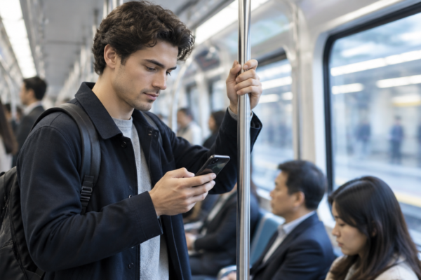 Un navetist citește pe telefon într-un vagon de metrou luminos, în timp ce se ține de bară