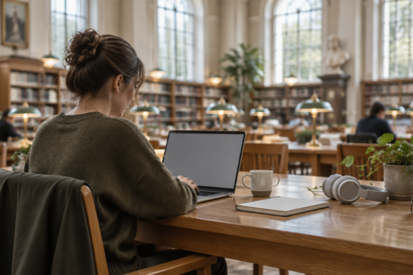 Femeie la o masă lungă dintr-o bibliotecă luminoasă, lucrând la laptop printre rafturi cu cărți și plante, cu o cană și un caiet alături