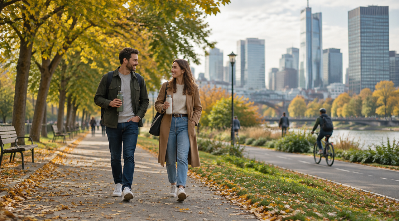 Doi colegi plimbându-se la pauză printr-un parc urban, cu clădiri de birouri în fundal, într-o după-amiază luminoasă de toamnă