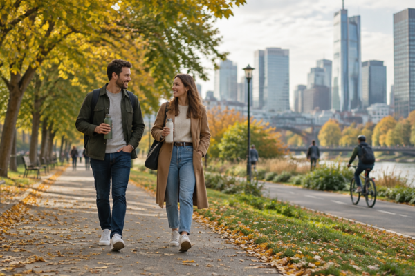 Doi colegi plimbându-se la pauză printr-un parc urban, cu clădiri de birouri în fundal, într-o după-amiază luminoasă de toamnă
