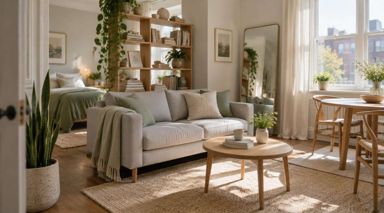 Living luminos într-un apartament mic, cu canapea extensibilă, bibliotecă deschisă, oglindă înaltă și plante rezistente lângă fereastră