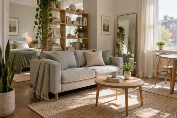 Living luminos într-un apartament mic, cu canapea extensibilă, bibliotecă deschisă, oglindă înaltă și plante rezistente lângă fereastră