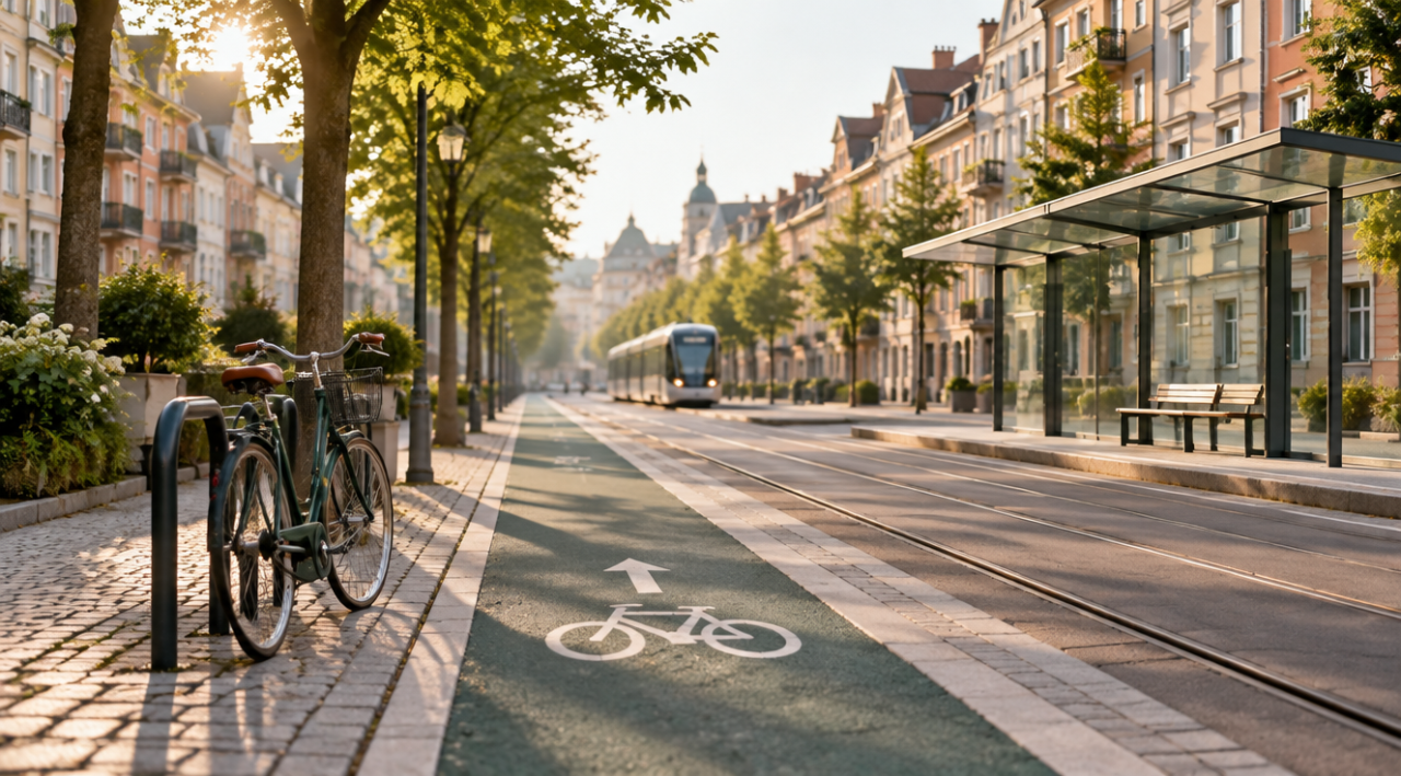 Stradă de oraș dimineața, cu o bandă pentru biciclete, o stație de tramvai și clădiri cu fațade deschise la culoare