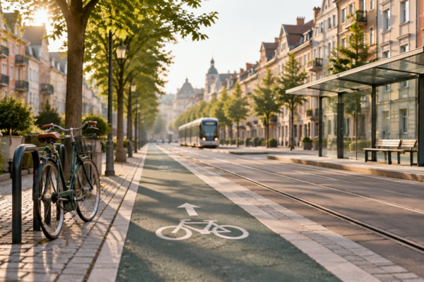 Stradă de oraș dimineața, cu o bandă pentru biciclete, o stație de tramvai și clădiri cu fațade deschise la culoare