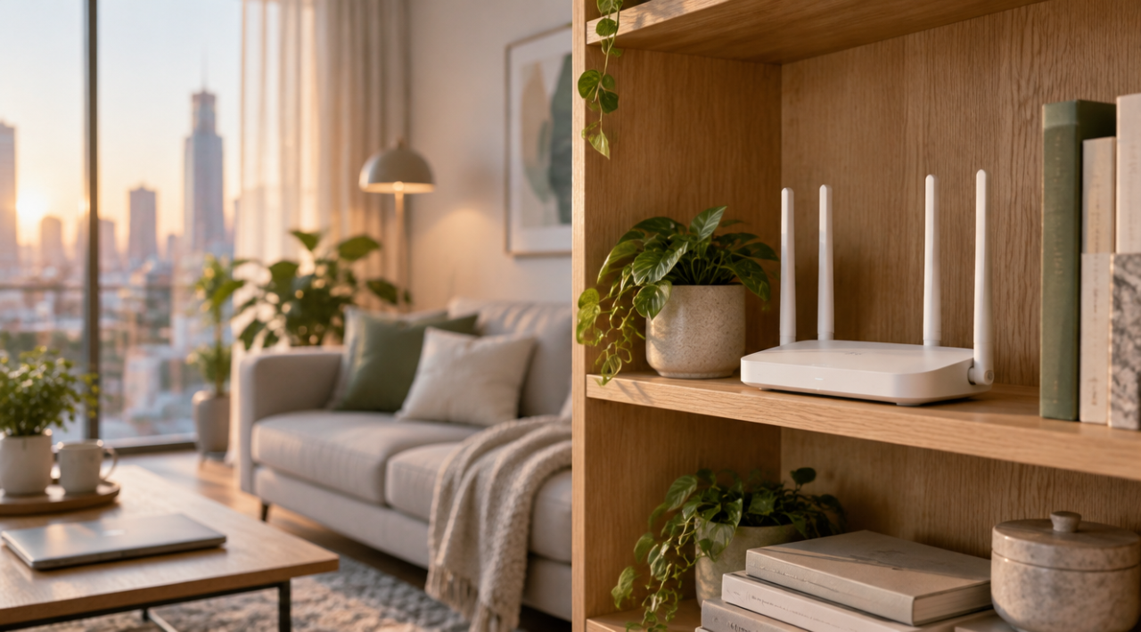 Router alb așezat pe un raft deschis într-un living luminos, cu o canapea și plante în fundal